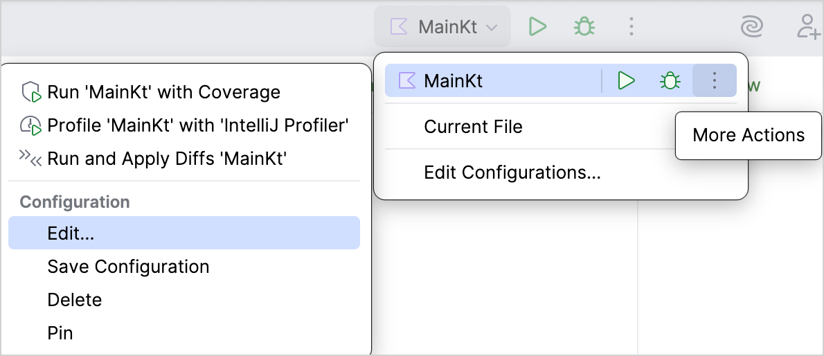Selecting Edit from the More Actions menu for a run configuration in IntelliJ IDEA