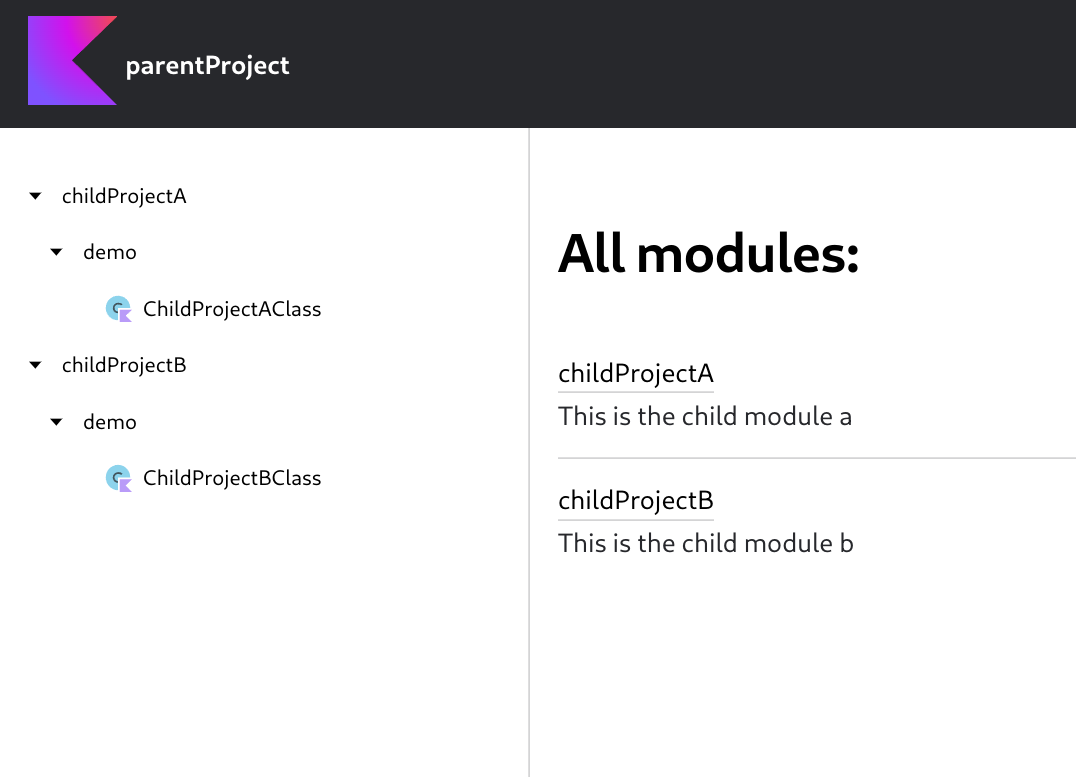 Screenshot for output of dokkaHtmlMultiModule task Screenshot for output of dokkaHtmlMultiModule task