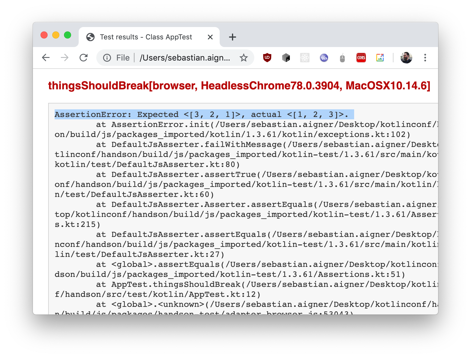 Stacktrace of failed test in the Gradle summary Stacktrace of failed test in the Gradle summary