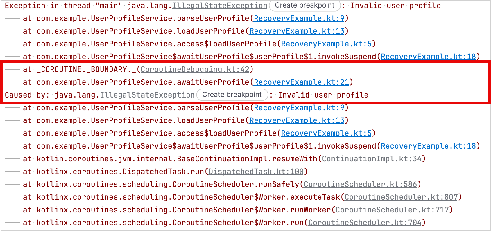 Recovered exception stack trace with stack frames from the receiving coroutine