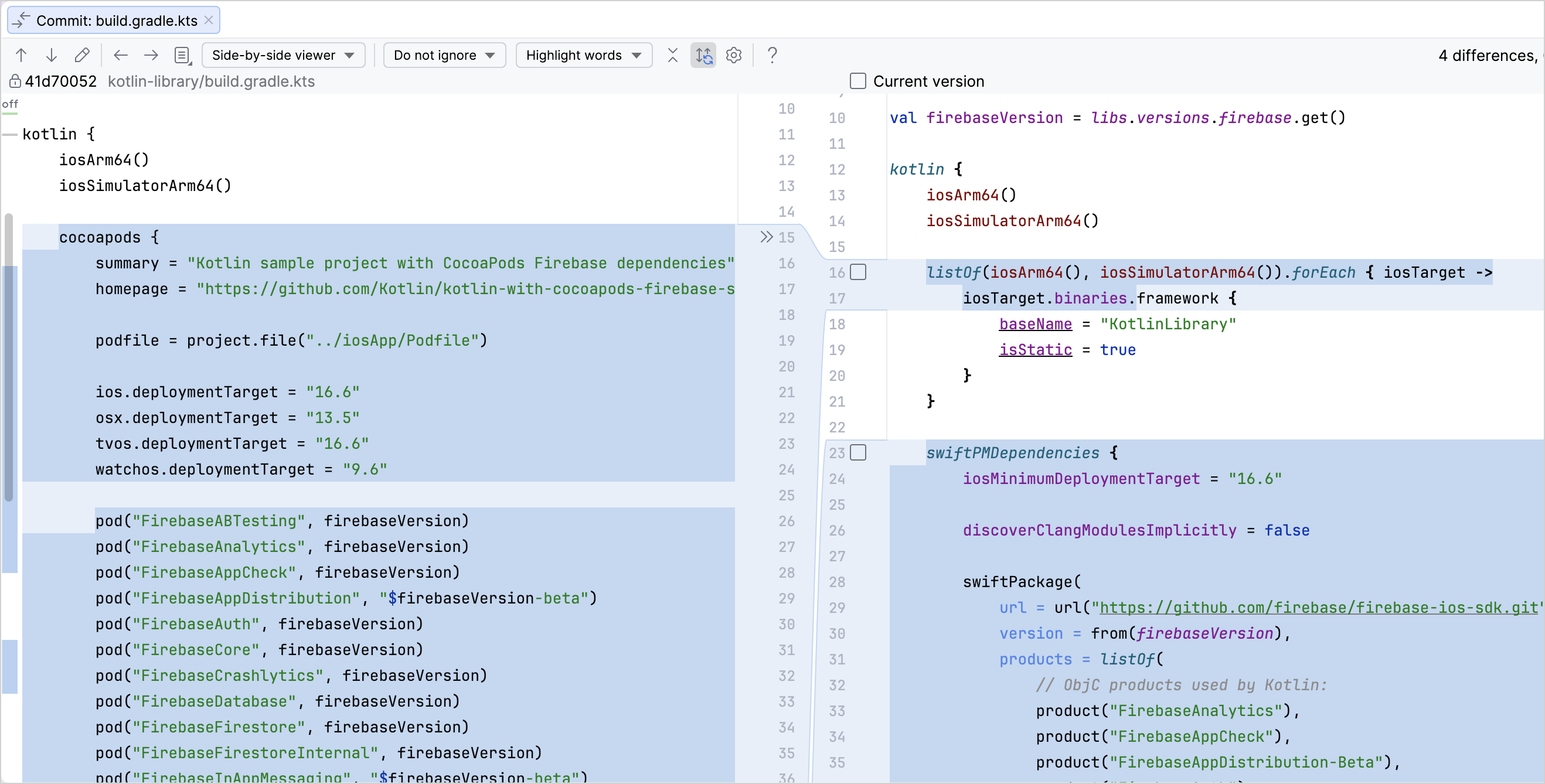 Side-by-side diff of changes made to the CocoaPods-dependent code Side-by-side diff of changes made to the CocoaPods-dependent code