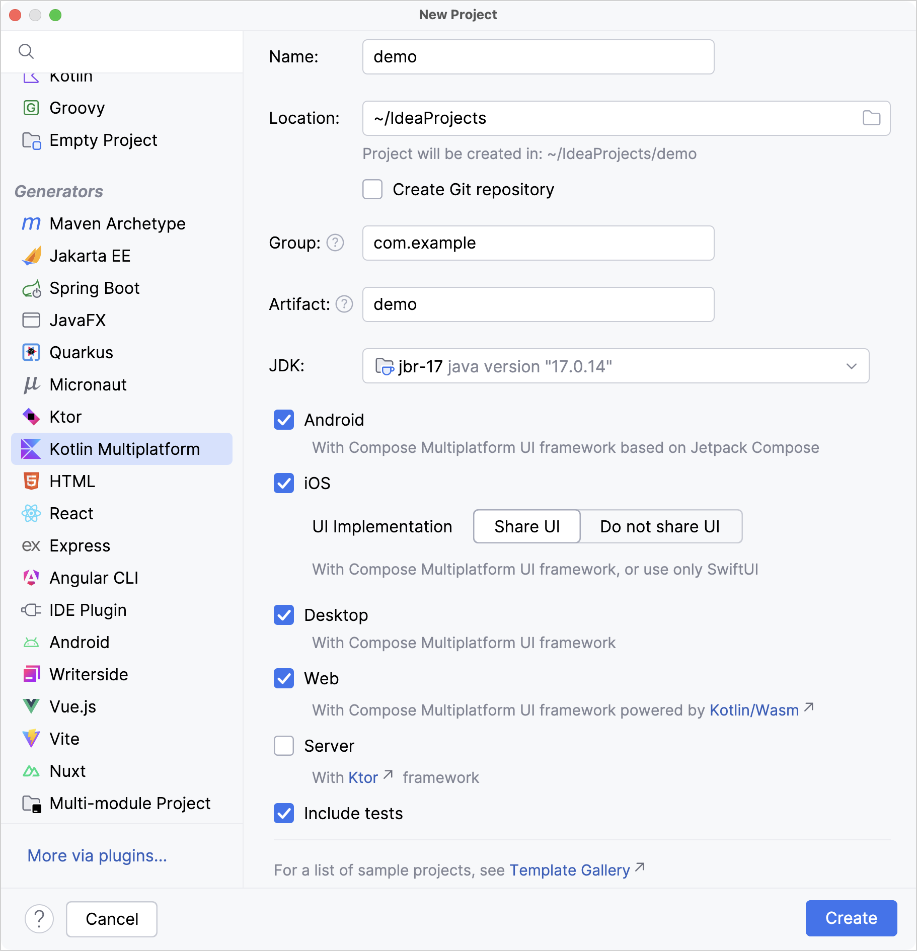 IntelliJ IDEA Wizard with default settings and Android, iOS, desktop, and web platforms selected