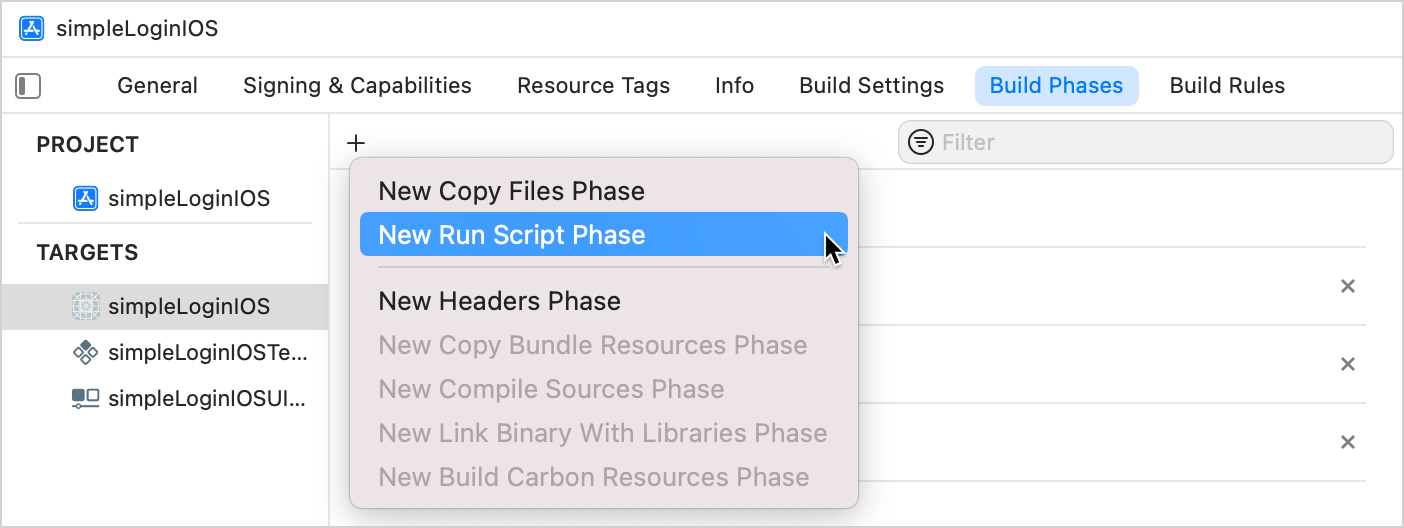 Add a run script phase Add a run script phase